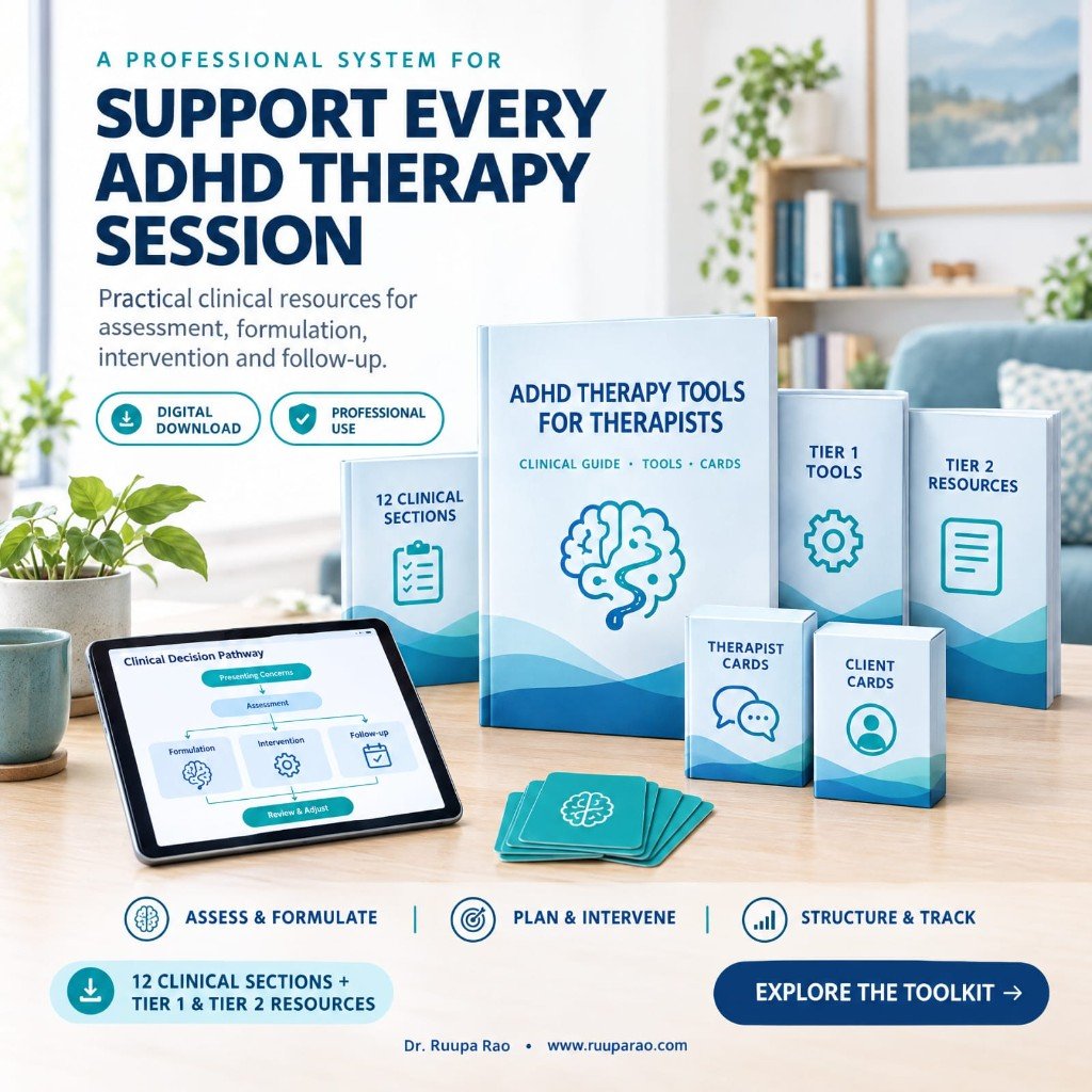 ADHD Clinical Navigator product mockup showing clinical guide, Tier 1 and Tier 2 resources, therapist and client cards, and tablet decision pathway
