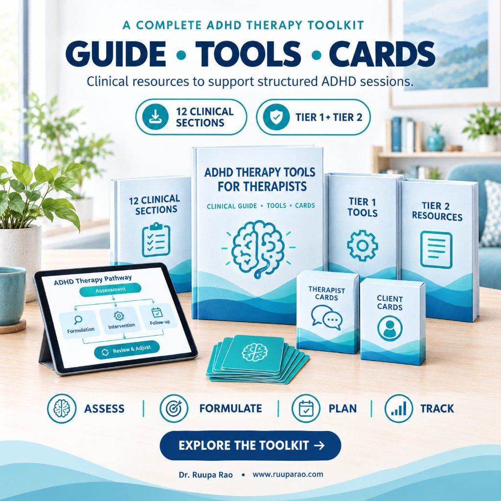 ADHD Therapy Tools for Therapists binder with 12 clinical sections, Tier 1 tools, Tier 2 resources and card decks