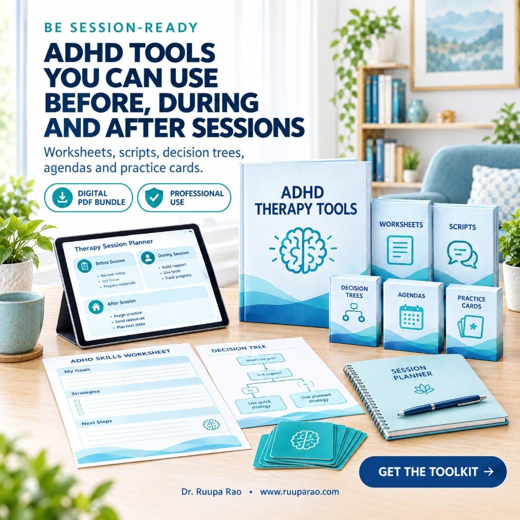 ADHD Therapy Tools digital PDF bundle with worksheets, scripts, decision trees, agendas and practice cards